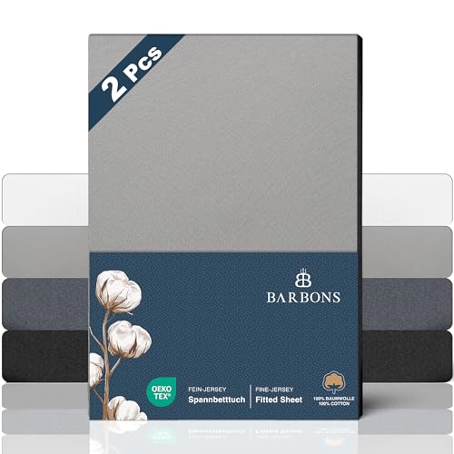 BARBONS Premium Spannbettlaken 140x200cm – Oeko-TEX Zertifiziert, 100% Baumwolle Spannbettlaken, Bettlaken Jersey, Spannbetttuch, bis 25 cm Matratzenhöhe (Hellgrau - 140x200 2er) von BARBONS