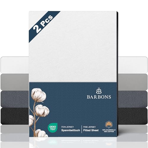 BARBONS Premium Spannbettlaken 140x200cm – Oeko-TEX Zertifiziert, 100% Baumwolle Spannbettlaken, Bettlaken Jersey, Spannbetttuch, bis 25 cm Matratzenhöhe (Weiss - 140x200 2er) von BARBONS