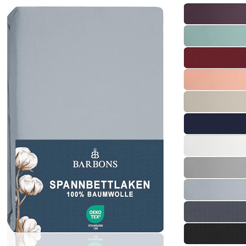 BARBONS Spannbettlaken 140x200cm - 100% Baumwolle Spannbetttuch Oeko-TEX Zertifiziert Bettlaken Jersey Bettwaren und Bettbezug für Boxspringbett und Dicke Matratzen bis 27 cm - Hellblau 140 x 200 von BARBONS