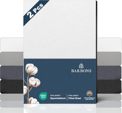 BARBONS Spannbettlaken 160x200cm 2er - 100% Baumwolle Spannbetttuch Oeko-TEX Zertifiziert Bettlaken Jersey Bettbezug für Boxspringbett und Dicke Matratzen bis 27 cm - Weiss 160 x 200 2er von BARBONS