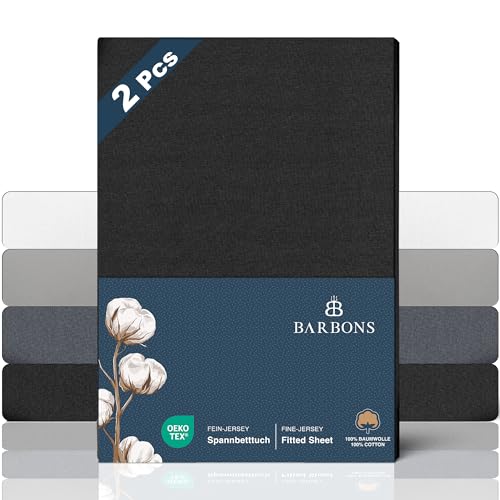 BARBONS Spannbettlaken 160x200cm 2er - 100% Baumwolle Spannbetttuch Oeko-TEX Zertifiziert Bettlaken Jersey Bettwaren und Bettbezug für Boxspringbett und dicke Matratzen bis 25 cm - Schwarz 160x200 2er von BARBONS