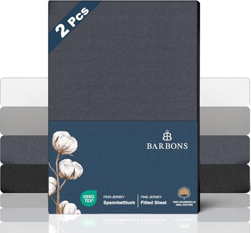 BARBONS Spannbettlaken 180x200cm 2er - 100% Baumwolle Spannbetttuch Oeko-TEX Zertifiziert Bettlaken Jersey Bettbezug für Boxspringbett und Dicke Matratzen bis 27 cm - Dunkelgrau 180 x 200 2er von BARBONS