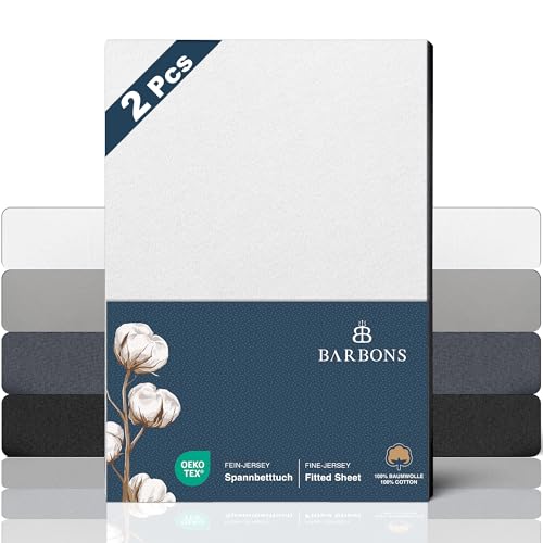 BARBONS Spannbettlaken 180x200cm 2er - 100% Baumwolle Spannbetttuch Oeko-TEX Zertifiziert Bettlaken Jersey Bettbezug für Boxspringbett und Dicke Matratzen bis 27 cm - Weiss 180 x 200 2er von BARBONS