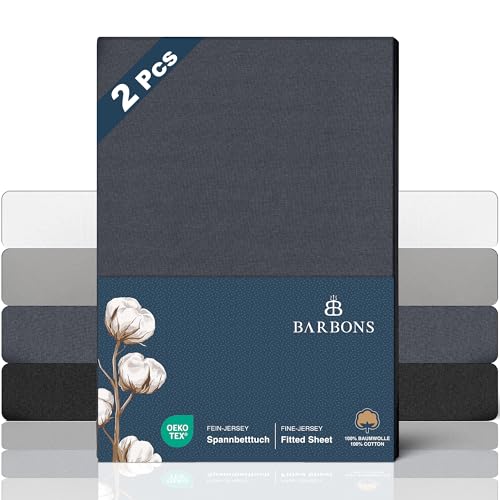 BARBONS Spannbettlaken 90x200cm 2er - 100% Baumwolle Spannbetttuch Oeko-TEX Zertifiziert Bettlaken Jersey Bettbezug für Boxspringbett und Dicke Matratzen bis 27 cm - Dunkelgrau 90 x 200 2er von BARBONS