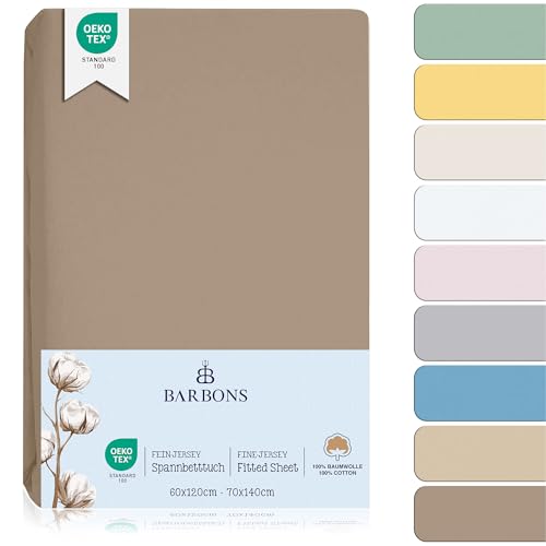 BARBONS Spannbettlaken für Baby Kinderbett 60x120 / 70x140-100% Jersey Baumwolle Spannbetttuch Oeko-TEX Standard 100 Zertifiziert Bettlaken für Babybett - Taupe 60 x 120/70 x 140 cm 2er BARBONS Spannbettlaken für Baby Kinderbett 60x120 / 70x140-100% Jersey Baumwolle Spannbetttuch Oeko-TEX Standard 100 Zertifiziert Bettlaken für Babybett - Taupe 60 x 120/70 x 140 cm 2er von BARBONS