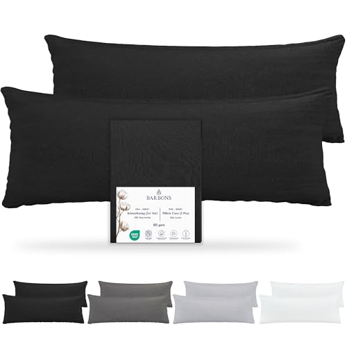 Barbons Seitenschläferkissen 40x145 Bezug 2er Set – 165 g/m² Oeko-TEX Zertifiziert Kissenbezug Kopfkissenbezug 100% Jersey Baumwolle Kissenbezüge Kissenhülle mit Reißverschluss (40x145-Schwarz) von BARBONS