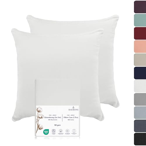 Barbons Kissenbezug 60x60 Weiss 2er Set – 165 g/m² Oeko-TEX Zertifiziert Kopfkissenbezug 100% Jersey Baumwolle weiche Kissenbezüge Kissenhülle mit Reißverschluss (60x60-Weiss) von BARBONS