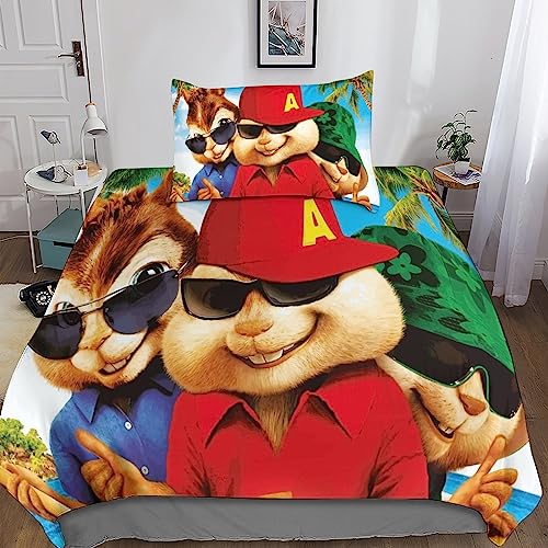 Alvin and The Chipmunks Süße Dekoration 3D Bettwäsche Set,Bettbezüge Mit Kissenbezüge, Weiche Bettbezug Sets Spannbetttücher,3D Bettdeckenbezug Mit Kissenbezug, Bettbezüge Mit Reißverschluss Und Bett von BARDYS