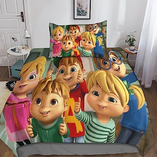 BARDYS Alvin and The Chipmunks Bettwäsche Set Mit Weiche Mikrofaser,Kinder Jugendliche Erwachsene 3D Gedruckte Bettbezüge Weiche Bettbezug Und Mit Reißverschluss Kissenbezug Single（135x200cm） von BARDYS