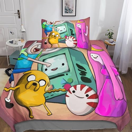 BARDYS Cartoon Adventure Time Bettwäsche Bettbezug,Anime Comics Animation Bettwäsche Set, Bettbezüge Mit Reißverschluss Und Bettdeckenbezug Kissenbezüge Single（135x200cm） von BARDYS