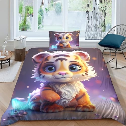 BARDYS Cute Little Tiger Jungen Mädchen Bettwäsche-Sets 3D-Druck Cartoon Animals Bettbezug Weiche Mikrofaser Steppdeckenbezug Und Kissenbezug Mit Reißverschluss.Geeignet Für Teens Single（135x200cm） von BARDYS