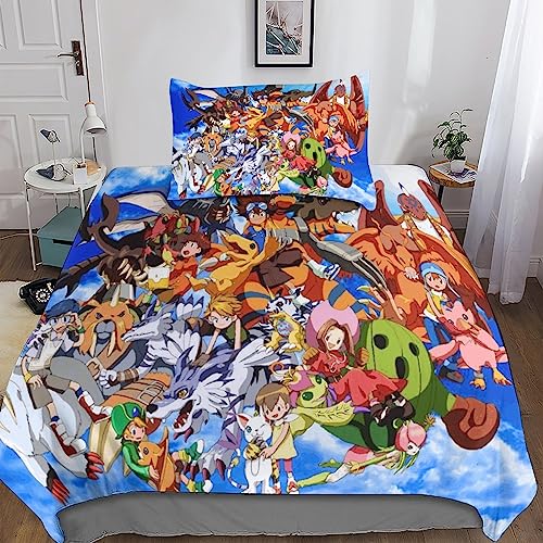 BARDYS Digimon Adventure 3D Gedruckte Bettwäsche Set 3teilig Bettbezüge Mit Reißverschluss Weiche Und Angenehme Schlafkomfort Microfaser Bettbezug Retro Kinder Mit Kissenbezug Single（135x200cm） von BARDYS