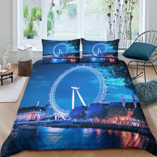 BARDYS London Eye 3D-Druck Bettwäsche-Sets London Steppdeckenbezug Mit Kissenbezügen,Reißverschluss.Weiche Mikrofaser Bettbezug.Geeignet Für Kinder King（220x240cm） von BARDYS