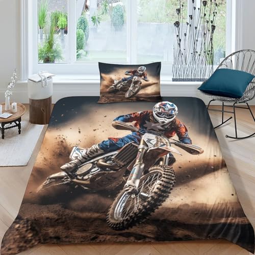 BARDYS Motocross 3D-Druck Bettwäsche-Sets Kinder Weiche Mikrofaser Motorbike Bettbezug Steppdeckenbezug Und Kissenbezüg,mit Reißverschluss.für Kinder/Jugendliche Single（135x200cm） von BARDYS