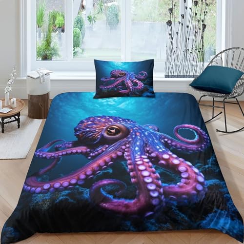 Blue Ring Octopus Jungen Mädchen Bettwäsche-Sets 3D-Druck Marine Life Bettbezug Weiche Mikrofaser Steppdeckenbezug Und Kissenbezug Mit Reißverschluss.Geeignet Für Teens Single（135x200cm） von BARDYS