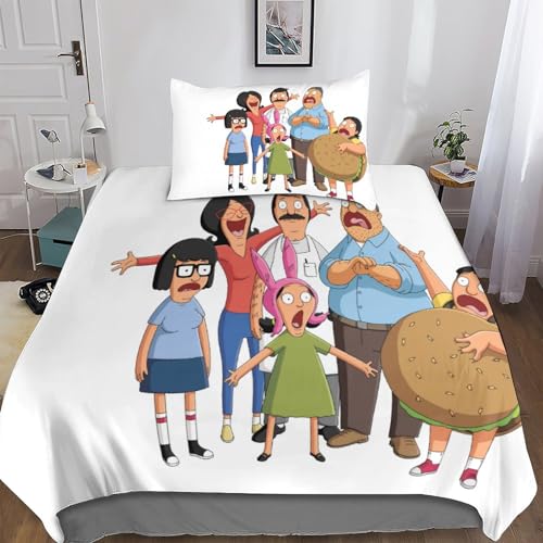 Cartoon Bob's Burgers Spannbetttücher Bettbezug-Set, Anime Comics Animation Bettwäsche-Set with Kissenbezüge, Tröster Abdeckung Für Jungen Mädchen Weiche, Bettbezug Schlafzimmer Dekor Mit 1 Kissenbez von BARDYS