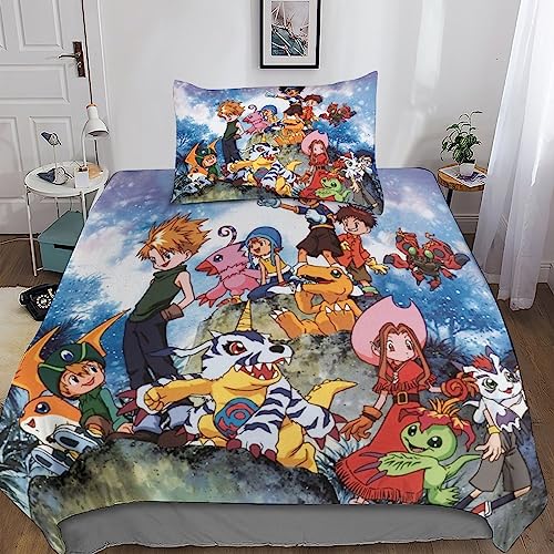 Digimon Adventure 3d Bettbezug Set Mit Kissenbezüge Bettlaken, Süße Spannbetttücher Bettbezüge ,Dekoration Bettwäsche Set Mit Kissen Sham Bettwäsche Cover Set 2 Stück,3d-Bettdeckenbezug Mit Reißversc von BARDYS