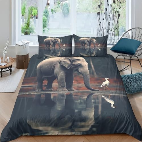 Elefant und Vogel 3D Imprimé Reflection In The Water Housses De Couettes Pour Adultes Et Enfants Housse De Couette E Avec Fermeture À Glissière Parure De Lit Avec Taies Microfibr 3 Pièces King（220x240 von BARDYS