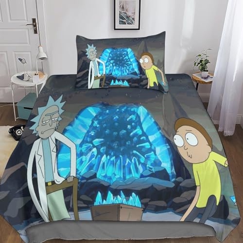 Rick Morty 3D Gedruckte Bettwäsche Set 3teilig Animation Cartoon Bettbezüge Mit Reißverschluss Weiche Und Angenehme Schlafkomfort Microfaser Bettbezug Retro Kinder Mit Kissenbezug Single（135x200cm） von BARDYS