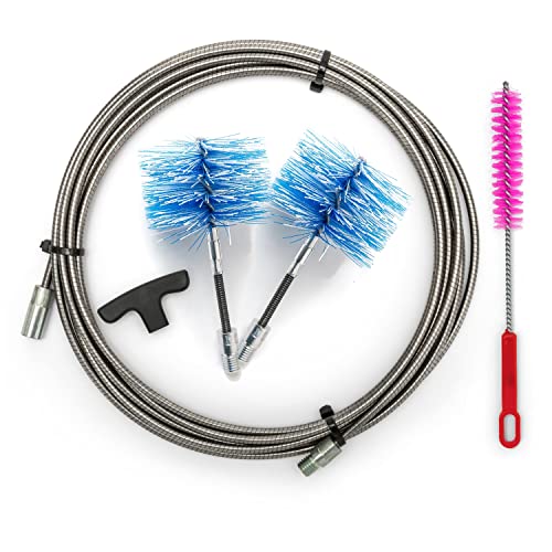 BARETTO Pelletofen-Reinigungsset, 9 Meter Edelstahl-Verlängerung für die Pelletofenreinigung mit 90°-Biegung, Set mit 2 Nylon-Flex-Bürsten (1 80 mm und 1 100 mm) von BARETTO