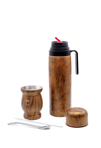 BARGRIN Set mit Matte, Thermoskanne und Glühbirne aus Edelstahl, inkl. doppelwandiger Thermobecher, BPA-frei (braun) von BARGRIN