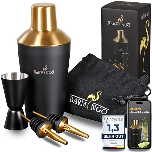 BARMINGO Cocktail Shaker Set [1,3 - SEHR GUT] - 500ml Edelstahl Cocktailshaker mit Bar Zubehör, Cocktail Set | Bar Set | Barkeeper Set | Cocktail Mix Set | Bar Geschenkset | Schwarz & Gold von BARMINGO