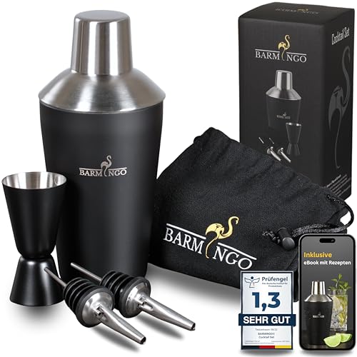 BARMINGO Cocktail Shaker Set [1,3 - SEHR GUT] - 500ml Edelstahl Cocktailshaker mit Bar Zubehör, Cocktail Set | Bar Set | Barkeeper Set | Cocktail Mix Set | Bar Geschenkset | Schwarz-Silber von BARMINGO