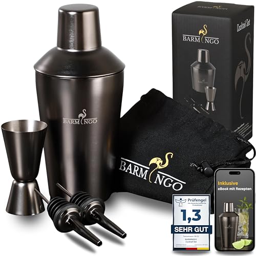 BARMINGO Cocktail Shaker Set [1,3 - SEHR GUT] - 500ml Edelstahl Cocktailshaker mit Bar Zubehör, Cocktail Set | Bar Set | Barkeeper Set | Cocktail Mix Set | Bar Geschenkset | Schwarz von BARMINGO