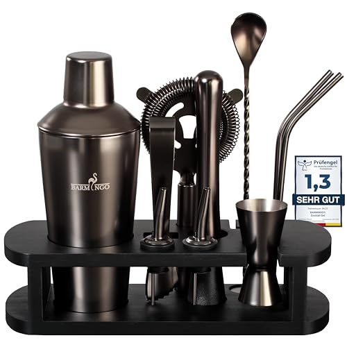 BARMINGO® Edelstahl Cocktail Set 11tlg. – 700 ml Cocktail Shaker Set mit Ständer und Bar Zubehör, Cocktailshaker Set | Barkeeper Set | Cocktail Mix Set | Bar Set | Geschenkset | Schwarz von BARMINGO