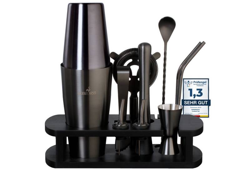 BARMINGO Cocktail-Set Edelstahl Boston Cocktail Shaker Set (825 ml) mit Bar Zubehör, (Cocktailshaker Set, 11-tlg., Für Profis und Anfänger), Cocktail Zubehör mit hochwertigem Bambusständer von BARMINGO
