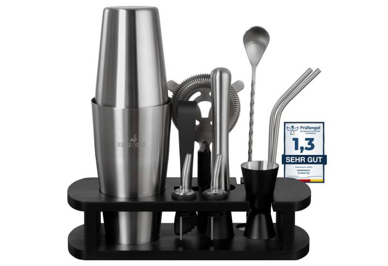 BARMINGO Cocktail-Set Edelstahl Boston Cocktail Shaker Set (825 ml) mit Bar Zubehör, (Cocktailshaker Set, 11-tlg., Für Profis und Anfänger), Cocktail Zubehör mit hochwertigem Bambusständer von BARMINGO