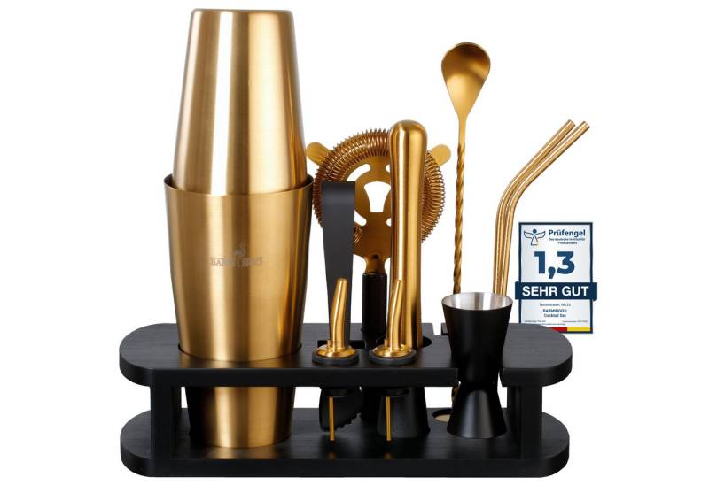 BARMINGO Cocktail-Set Edelstahl Boston Cocktail Shaker Set (825 ml) mit Bar Zubehör, (Cocktailshaker Set, 11-tlg., Für Profis und Anfänger), Cocktail Zubehör mit hochwertigem Bambusständer von BARMINGO