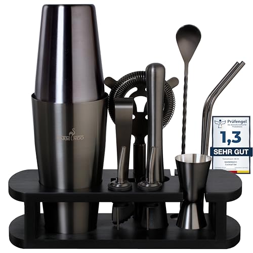 BARMINGO Edelstahl Cocktail Set 11tlg – 825ml Boston Cocktail Shaker Set mit Ständer und Bar Zubehör, Cocktailshaker Set | Barkeeper Set | Cocktail Mix Set | Barset | Boston Shaker Set | Schwarz BARMINGO Edelstahl Cocktail Set 11tlg – 825ml Boston Cocktail Shaker Set mit Ständer und Bar Zubehör, Cocktailshaker Set | Barkeeper Set | Cocktail Mix Set | Barset | Boston Shaker Set | Schwarz von BARMINGO
