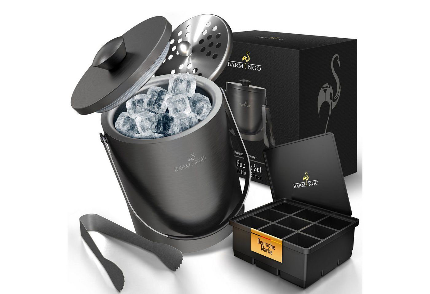 BARMINGO Eiswürfelbehälter mit Deckel (2 Liter), Edelstahl Eiskübel, (Eisbehälter Set, 3-tlg., mit Sieb, XXL Silikon Eiswürfelform & Zange), Eiseimer doppelwandig, isoliert, BPA-frei, Silikondeckel von BARMINGO