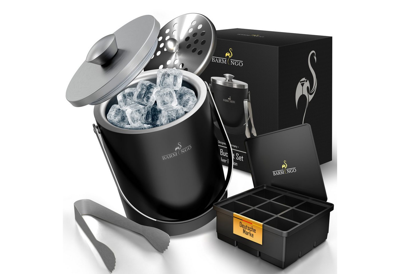 BARMINGO Eiswürfelbehälter mit Deckel (2 Liter), Edelstahl Eiskübel, (Eisbehälter Set, 3-tlg., mit Sieb, XXL Silikon Eiswürfelform & Zange), Eiseimer doppelwandig, isoliert, BPA-frei, Silikondeckel von BARMINGO