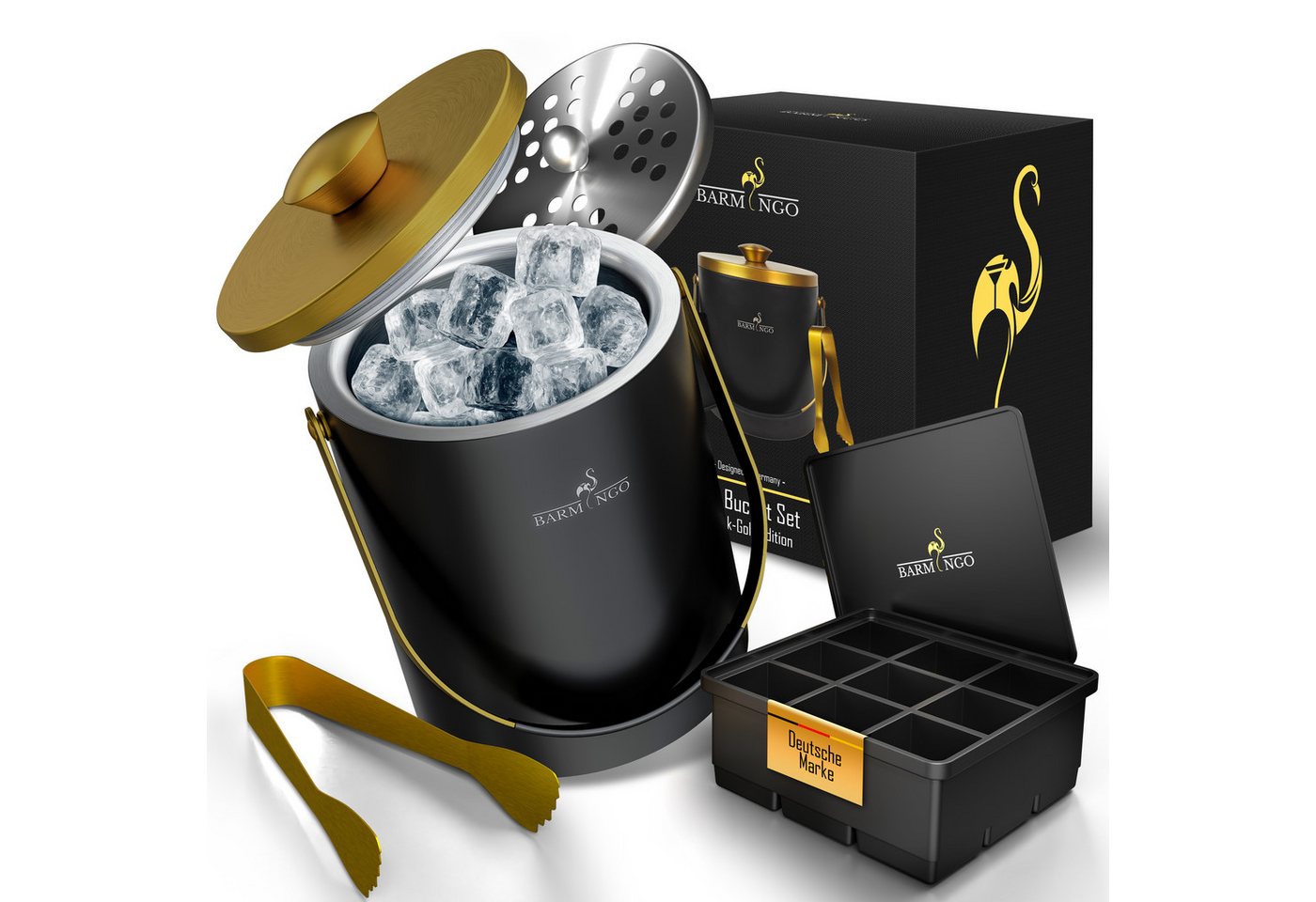 BARMINGO Eiswürfelbehälter mit Deckel (2 Liter), Edelstahl Eiskübel, (Eisbehälter Set, 3-tlg., mit Sieb, XXL Silikon Eiswürfelform & Zange), Eiseimer doppelwandig, isoliert, BPA-frei, Silikondeckel von BARMINGO