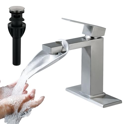 BARROCK Badezimmer-Armaturen & Pop-Up-Ablaufstopfen mit Überlauf, gebürsteter Edelstahl, Einhebel-Badezimmer-Waschtisch-Wasserhahn mit Wasserversorgungsschläuchen und Deckplatte für 1 Loch oder 3 von BARROCK