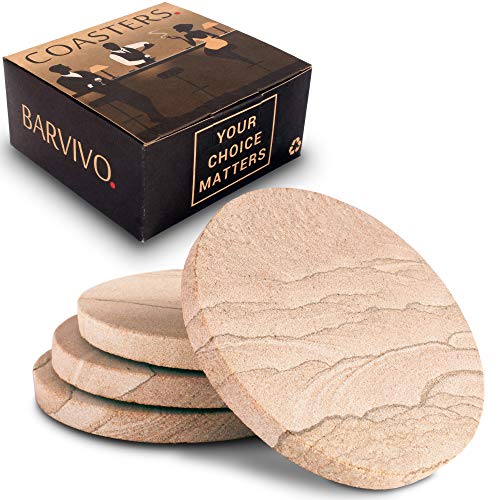 BARVIVO Untersetzer aus natürlichem Sandstein für Getränke, saugfähig, 8er-Set mit Halterung – sofort absorbierende Kondensation – perfekte Getränkeuntersetzer für Holztischschutz mit Kratzschutz von BARVIVO