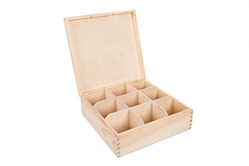 BAS Teebox aus natürlichem Kiefernholz - ca. 24 x 21 x 7,8 cm - Teekiste mit 9 Fächer und Deckel - Teebox - Teekasten - HolzBox - Unbehandelt - Tee-Organizer - Perfekte für Decoupage von BAS