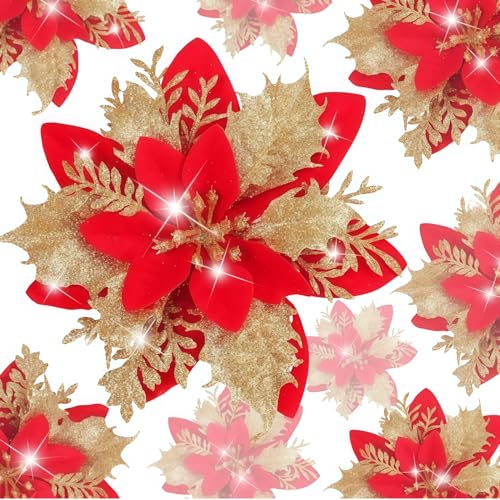 BASAMOU 20 Stücke Weihnachten Funkeln Weihnachtsstern Blumen mit Clips Künstliche Weihnachten Blumen Glitzer Weihnachtsblume Hochzeit Weihnachtsbaum Weihnachtstürkranz (20PCS Gold/Rot) von BASAMOU