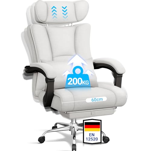 BASETBL Bürostuhl 200kg, Ergonomischer Chefsessel mit Belastbarkeit, 60cm breite Sitzfläche, 9cm verstellbare breite Kopfstütze, multifunktionale Fußstütze, EN12520 Zertifiziert, Bürosessel, Grau von BASETBL