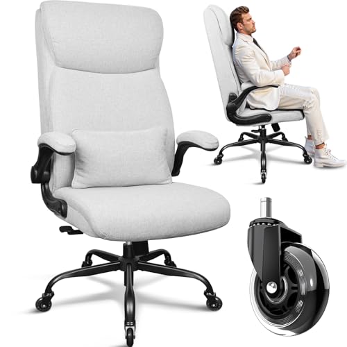 BASETBL Bürostuhl ergonomisch, Bequemer Stuhl Stoff mit Doppelt Gebogener Hoher Rückenlehne, Gummirollen, Unabhängiger Lendenstütze, 3-Fach Arretierbar, Klappbaren Armlehnen, EN12520, Bis 150 kg Grau von BASETBL