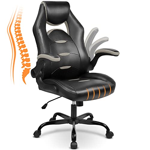 BASETBL Bürostuhl ergonomisch 150kg mit klappbaren armlehnen, Gaming PC Stuhl mit breite sitzfläche, Chefsessel, Drehstuhl mit hoher Rückenlehne und hochklappbarer Rollen Grey von BASETBL