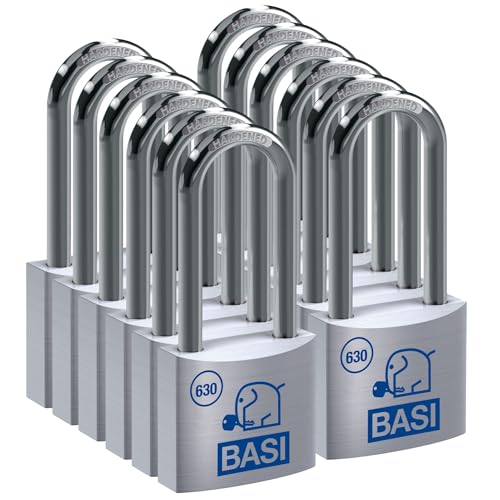 BASI | 12er Set Vorhangschloss | 30 mm | gleichsperrend | hoher Bügel | massives Aluminium-Gehäuse | gehärteter Stahlbügel | sicheres Vorhängeschloss gleichschließend | Bügelstärke 5 mm | 12 Stück von BASI