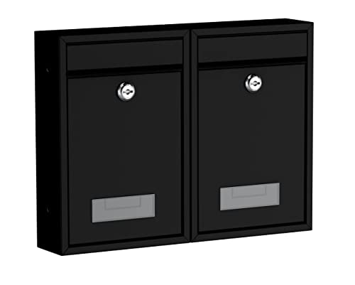 BASI | 2er Set Briefkasten | Wandbriefkasten Kompaktbriefkasten | DIN B5 | Namensschild jeweils 2 Schlüssel | Befestigungsmaterial | Briefkastenanlage | Stahlbriefkasten | Schwarz Matt | 2 Stück von BASI