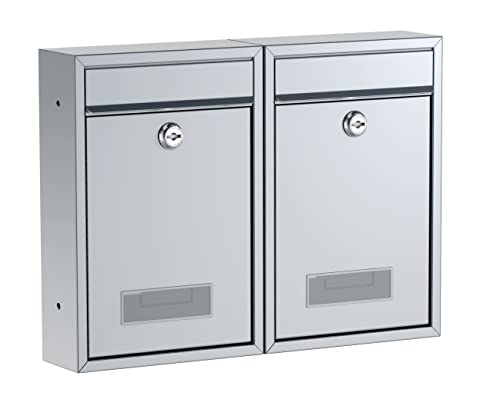 BASI | 2er Set Briefkasten | Wandbriefkasten Kompaktbriefkasten | DIN B5 | Namensschild jeweils 2 Schlüssel | Befestigungsmaterial | Briefkastenanlage | Stahlbriefkasten | Silber Matt | 2 Stück von BASI