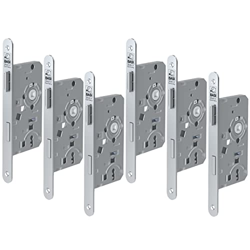 BASI | 6er SET Einsteckschloss für Zimmertüren | mit Buntbartschloss | DIN Links | abgerundete Ausführung | Stulp 20x235 mm | Türschloss von BASI