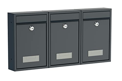 BASI Briefkasten 3er Set | Wandbriefkasten aus Stahl | Farbe Anthrazit Matt | mit Namensschild | Zylinderschloss mit 2 Schlüssel | inkl. Befestigungsmaterial | Briefkastenanlage | 3 Stück von BASI