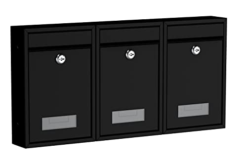 BASI Briefkasten 3er Set | Wandbriefkasten aus Stahl | Farbe Schwarz Matt | mit Namensschild | Zylinderschloss mit je 2 Schlüssel | inkl. Befestigungsmaterial | Briefkastenanlage | 3 Stück von BASI