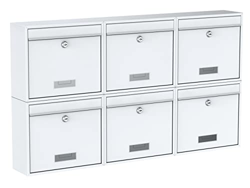 BASI Briefkasten 6er Set | Wandbriefkasten aus Stahl | Farbe Weiß | mit Namensschild | Zylinderschloss mit 2 Schlüssel | inkl. Befestigungsmaterial | Briefkastenanlage | 6 Stück von BASI
